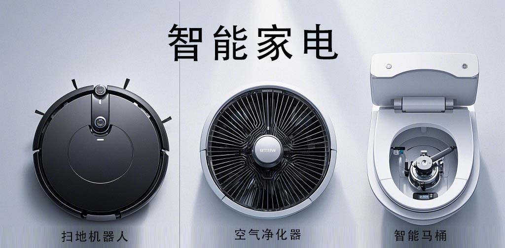 核心主题：“生成真实感家电剖面图，精准标注电机位置，风格写实、细节严谨，拒绝卡通或动漫效果。”具体要求：家电选择与构图：包含三款家电：扫地机器人：45度俯视角，展示底座驱动.jpg